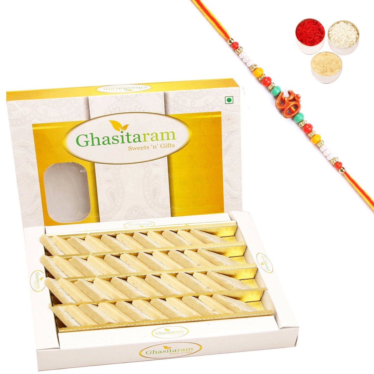 Ghasitaram Pure Kaju Katlis Box With Pearl Beads Rakhi