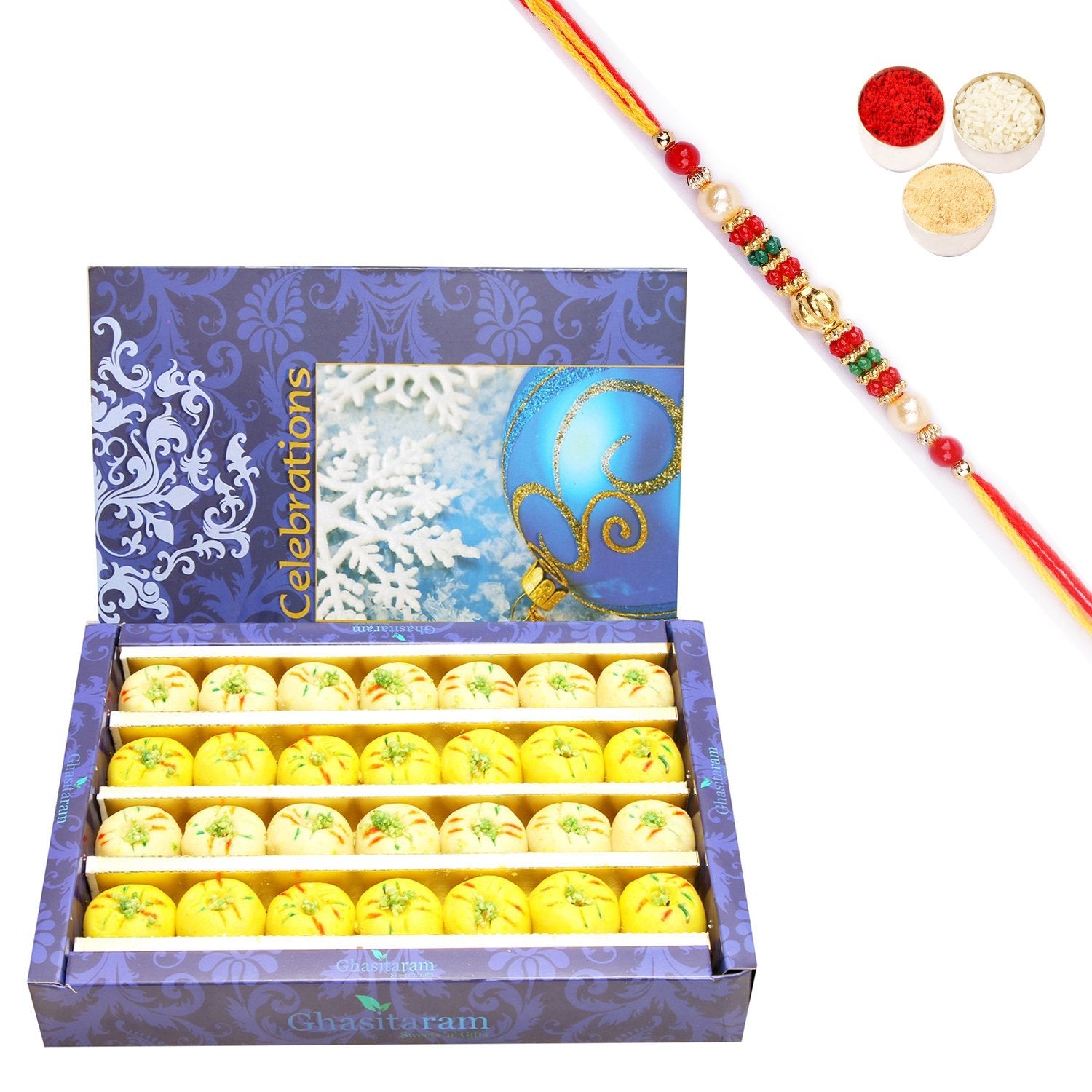 Ghasitaram Assorted Mewa bite Box With Pearl Beads Rakhi