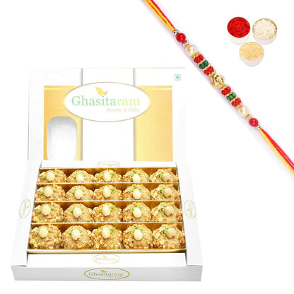 Ghasitaram Roasted Kaju Laddoo With Pearl Beads Rakhi