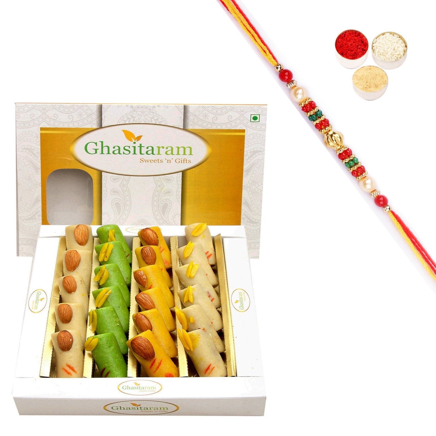 Ghasitaram Assorted Rolls Box With Pearl Beads Rakhi