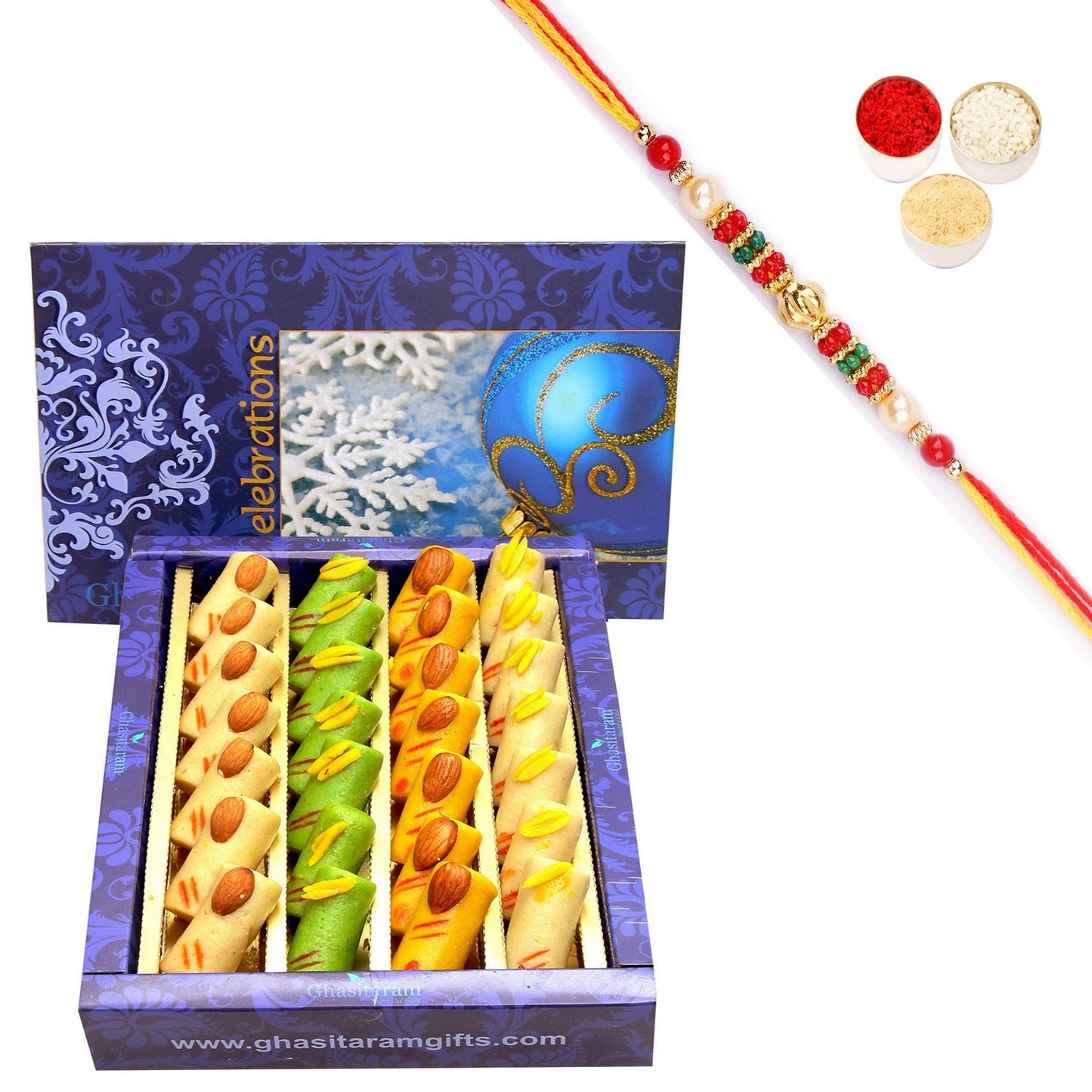 Ghasitaram Assorted Rolls Box With Pearl Beads Rakhi
