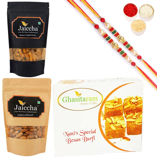 Ghasitaram Besan Barfi, Butter Chakli Sticks and Almonds With 2 Pearl Beads Rakhis