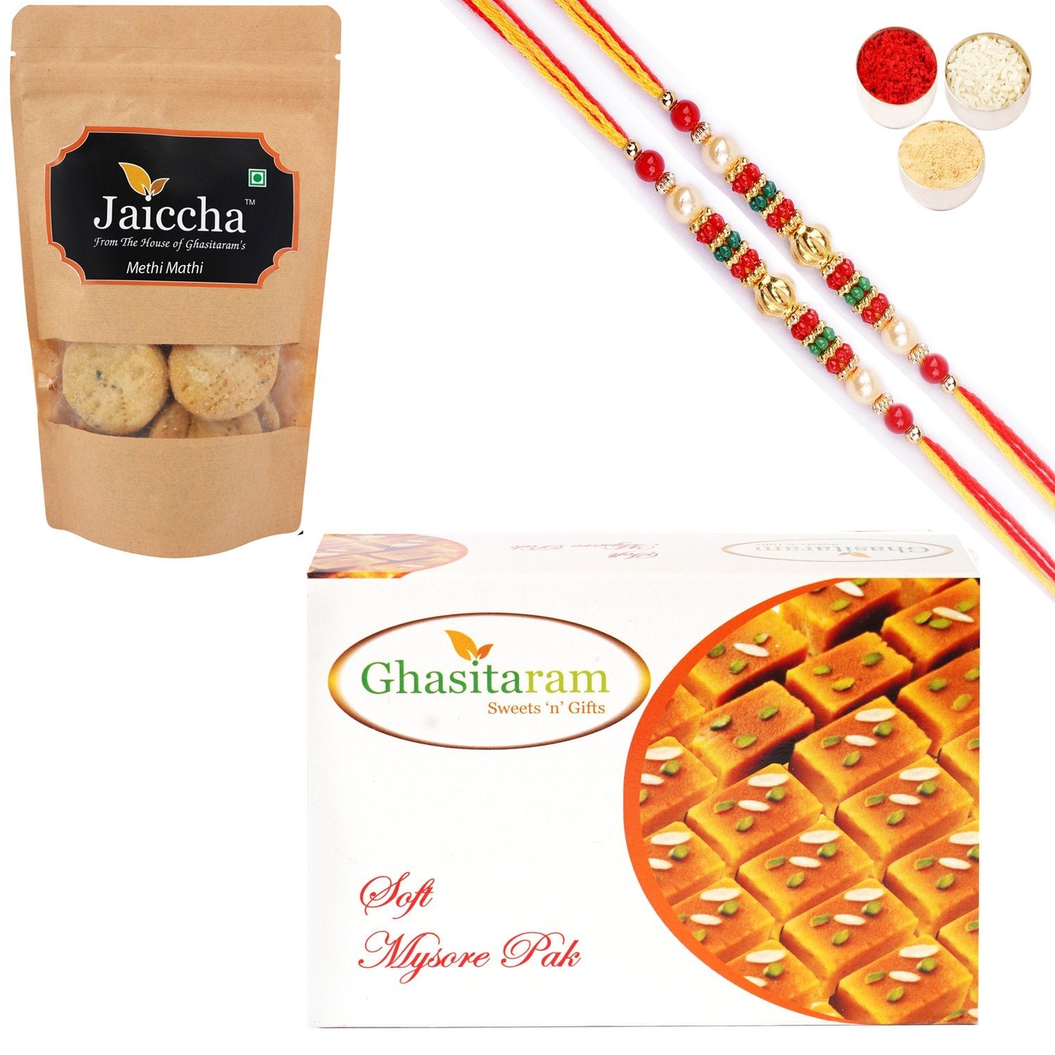 Ghasitaram Mysore Pak and Methi Mathi With 2 Pearl Beads Rakhis