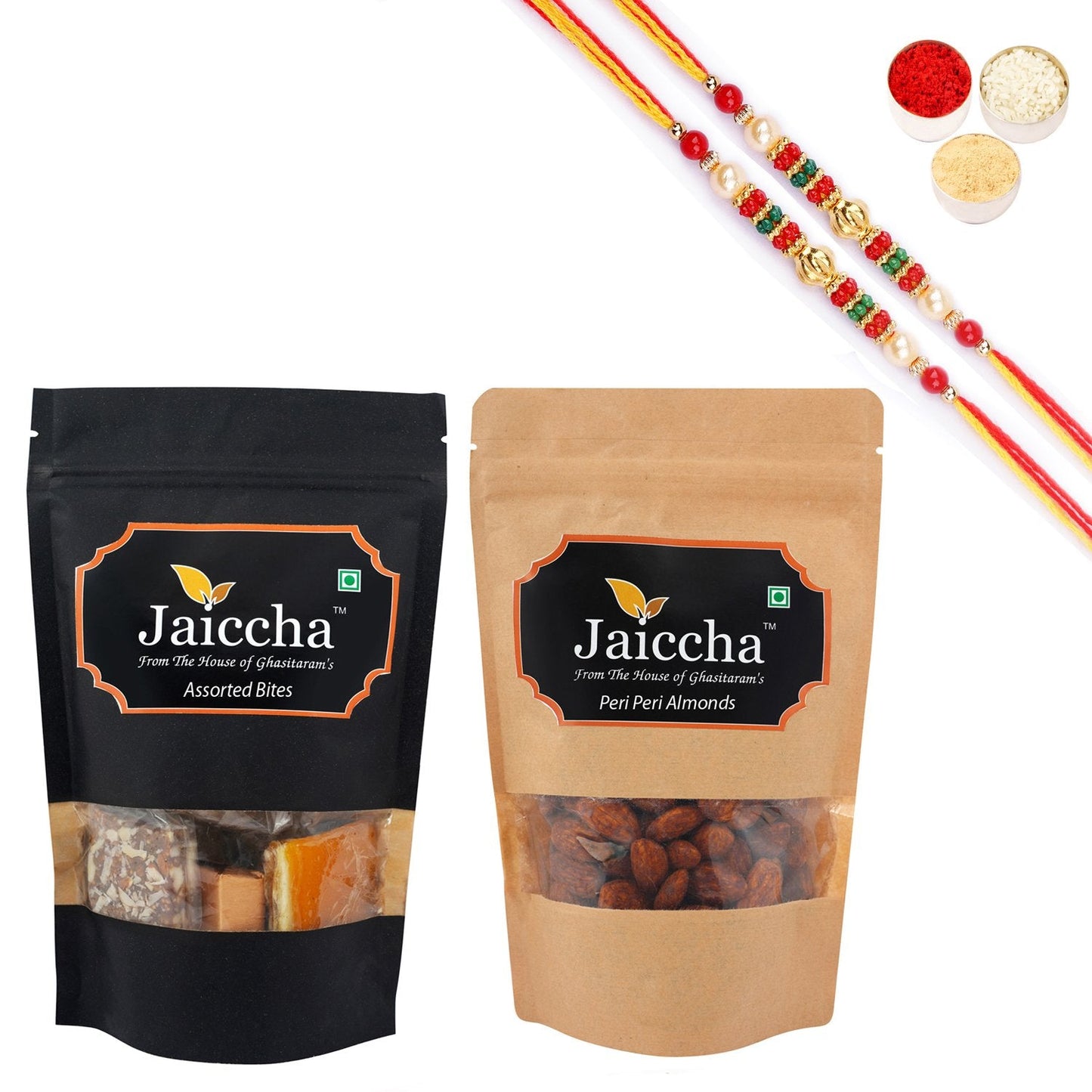 Ghasitaram Assorted Bites, Peri Peri Almonds With 2 Pearl Beads Rakhis
