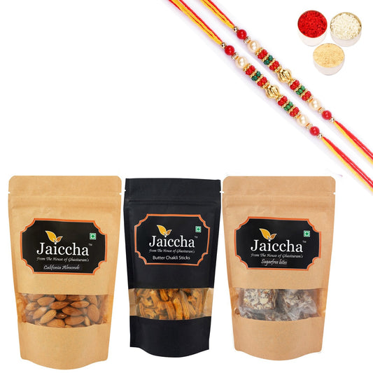 Ghasitaram Jaiccha Suagrfree Bites, Butter Chakli Sticks and Almonds With 2 Pearl Beads Rakhis