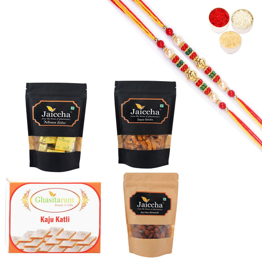 Ghasitaram Kaju Katli,Mewa Bites Pouch,Soya Sticks Pouch and Flavoured Almonds Pouch With Pearl Beads Rakhi