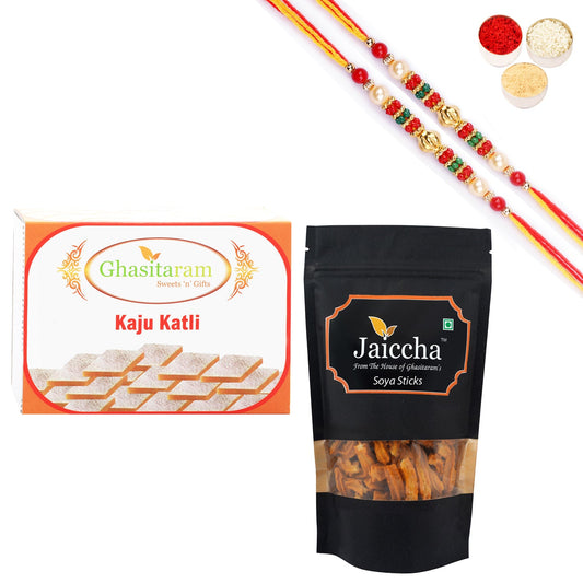 Ghasitaram Kaju Katli and Soya Sticks Pouch With Pearl Beads Rakhi