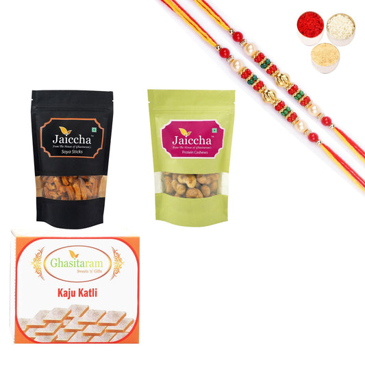 Ghasitaram Kaju Katli,Soya Sticks Pouch and Protein Cashews Pouch With Pearl Beads Rakhi