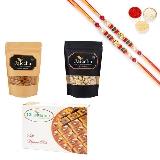 Ghasitaram Almonds,Cashews and Mysore Pak With Pearl Beads Rakhi