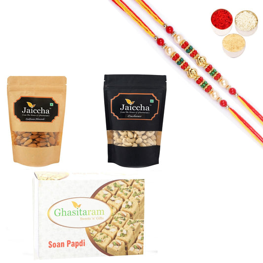 Ghasitaram Almonds,Cashews and Soan Papdi With Pearl Beads Rakhi