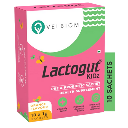 Velbiom Lactogut Kidz Probiotics Powder Sachets - Orange Flavor