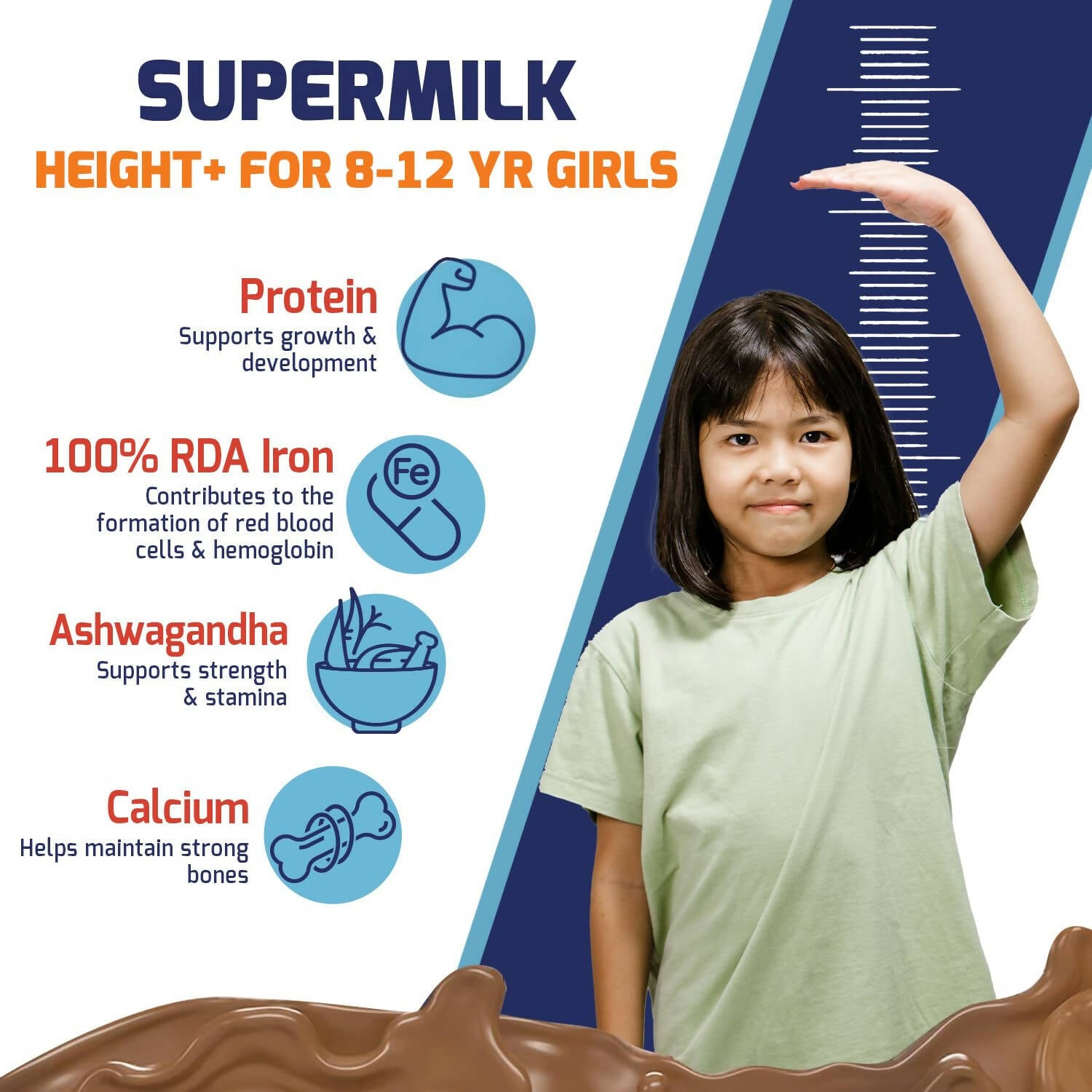 Gritzo SuperMilk Height+ Health Drink for 7-12y Girls - Double Chocolate Flavor