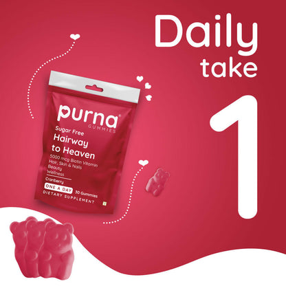 Purna Gummies Hair Biotin Cranberry Sugar Free Gummies with Vitamin B12 for Hair & Nail