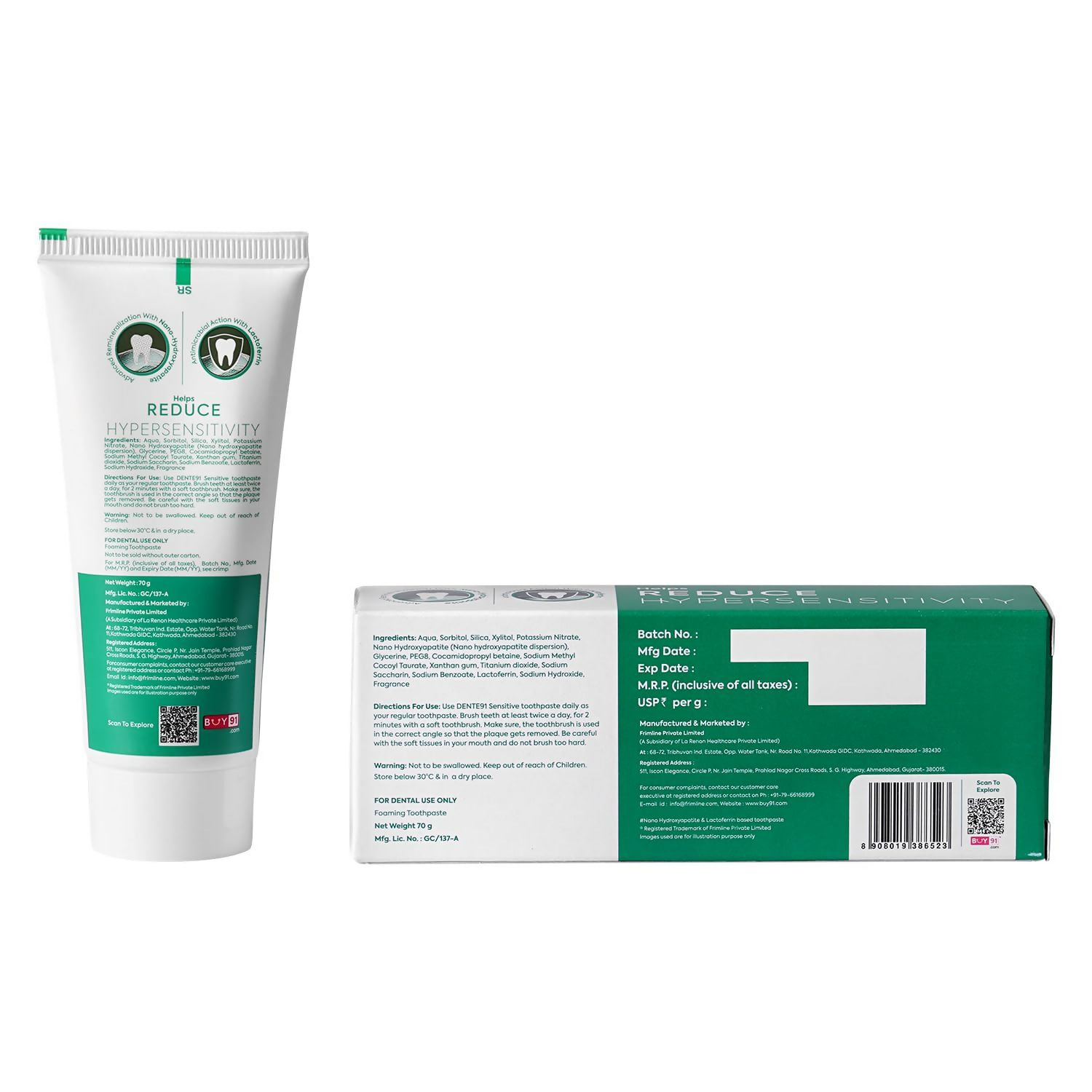 Dente91 Sensitive Toothpaste Reduces Hypersensitivity Strengthens Enamel Repairs Cavities
