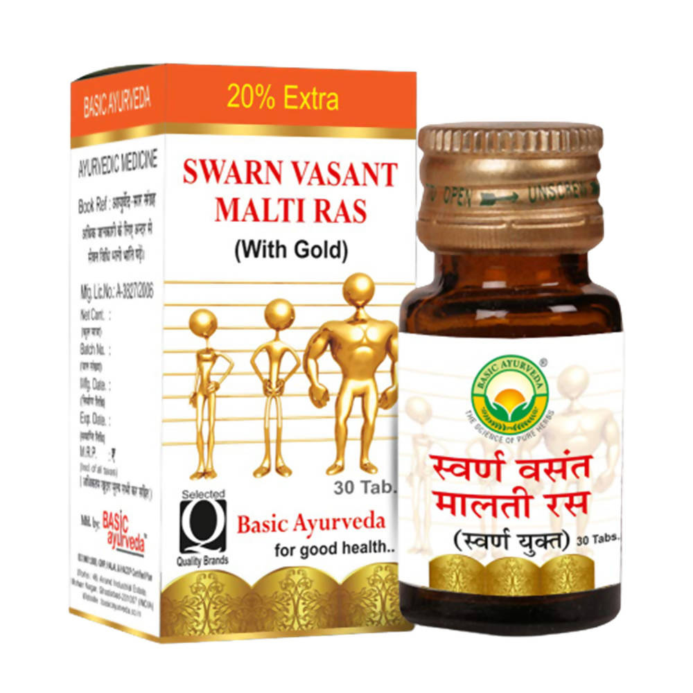 Buy Basic Ayurveda Swarn Vasant Malti Ras (With Gold) Tablets from DrMediCart, Ship from India to USA