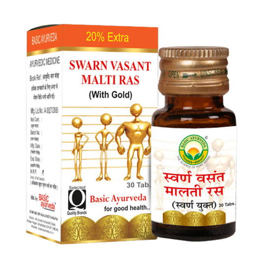 Buy Basic Ayurveda Swarn Vasant Malti Ras (With Gold) Tablets from DrMediCart, Ship from India to USA