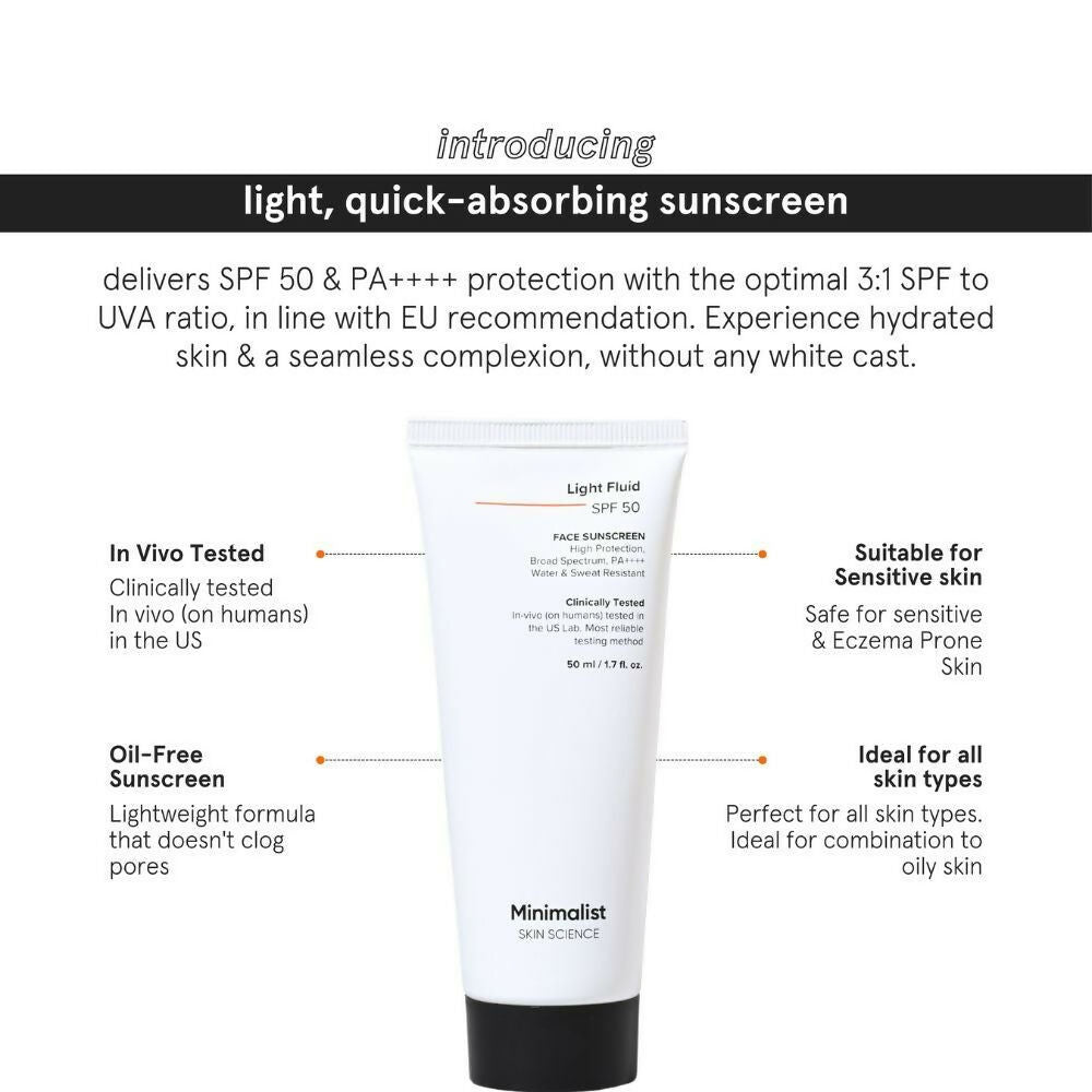 Minimalist Light Fluid Face Sunscreen with SPF 50 PA++++ - Lightweight, Water & Sweat Resistant