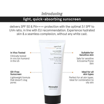 Minimalist Light Fluid Face Sunscreen with SPF 50 PA++++ - Lightweight, Water & Sweat Resistant