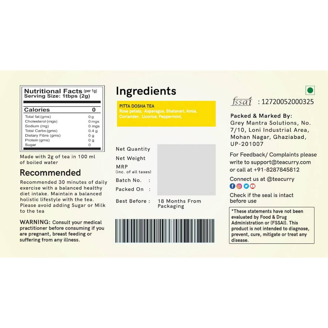 Teacurry Pitta Dosha Tea Bags - Drmedicart