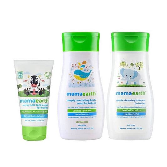 Buy Mamaearth Gentle Cleansing Shampoo And Deeply Nourishing Body Wash And Milky Soft Face Cream For Kids from DrMediCart, Ship from India to USA