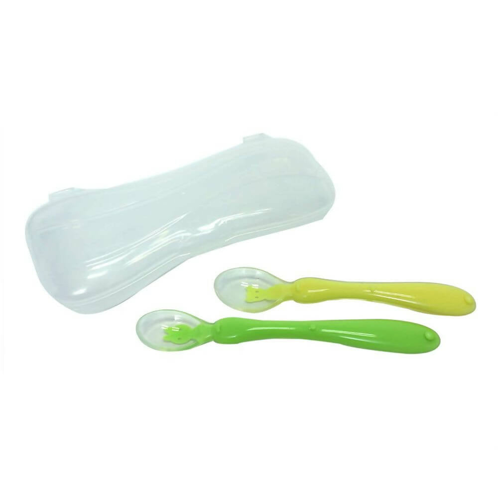 Safe-O-Kid Soft Silicone Tip Spoons Set Box (2 Spoons), Yellow & Green