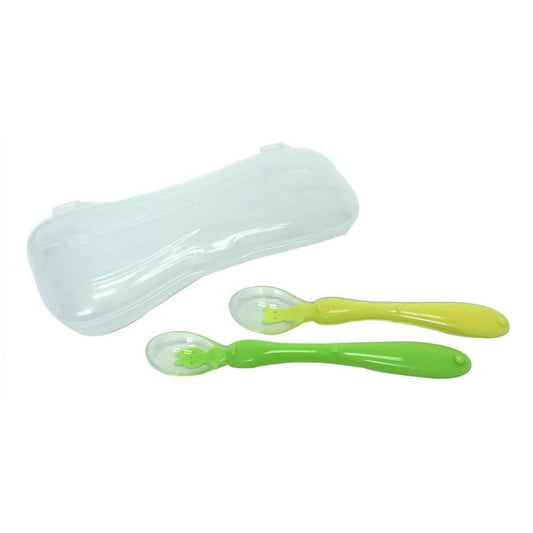 Safe-O-Kid Soft Silicone Tip Spoons Set Box (2 Spoons), Yellow & Green