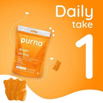 Purna Gummies Vitamin C Orange Gummies with Vitamin D3, and Zinc for Immunity & Clear Skin