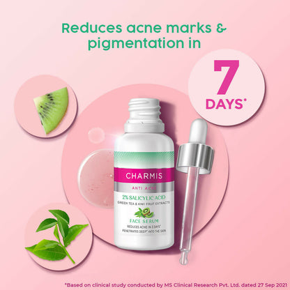 Charmis Anti Acne 2% Salicylic Acid Face Serum with Green Tea & Kiwi Extracts for Clear & Glowing Skin