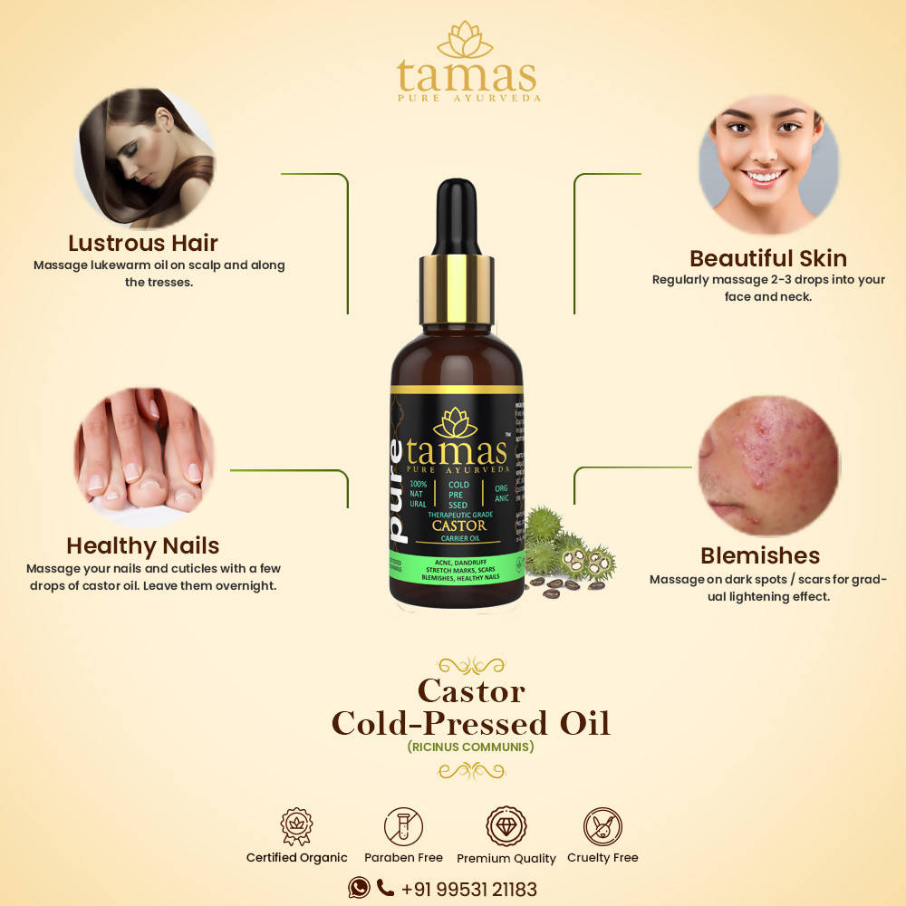 Buy Tamas Pure Ayurveda 100% Organic Castor Cold-Pressed Oil - USDA Certified Organic-30ml from DrMediCart, Ship from India to USA