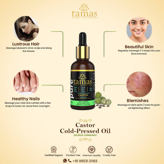 Buy Tamas Pure Ayurveda 100% Organic Castor Cold-Pressed Oil - USDA Certified Organic-30ml from DrMediCart, Ship from India to USA