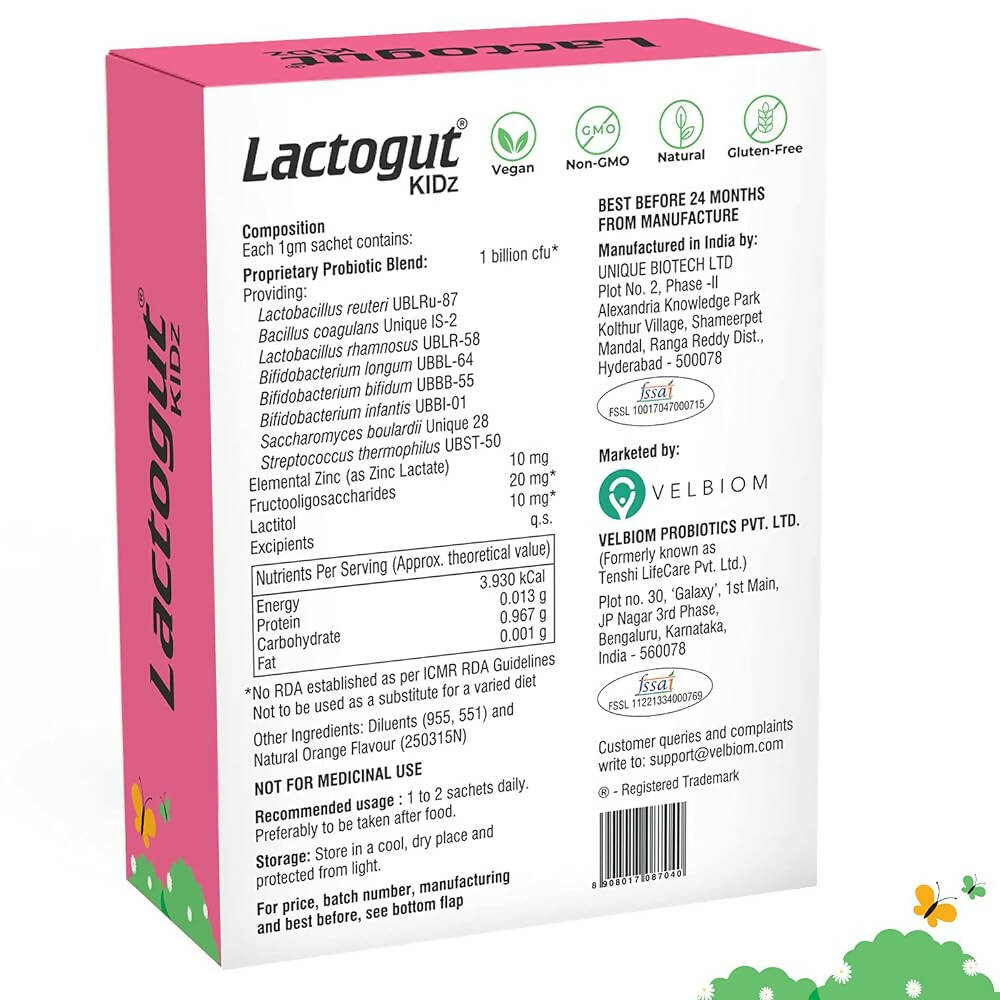 Velbiom Lactogut Kidz Probiotics Powder Sachets - Orange Flavor