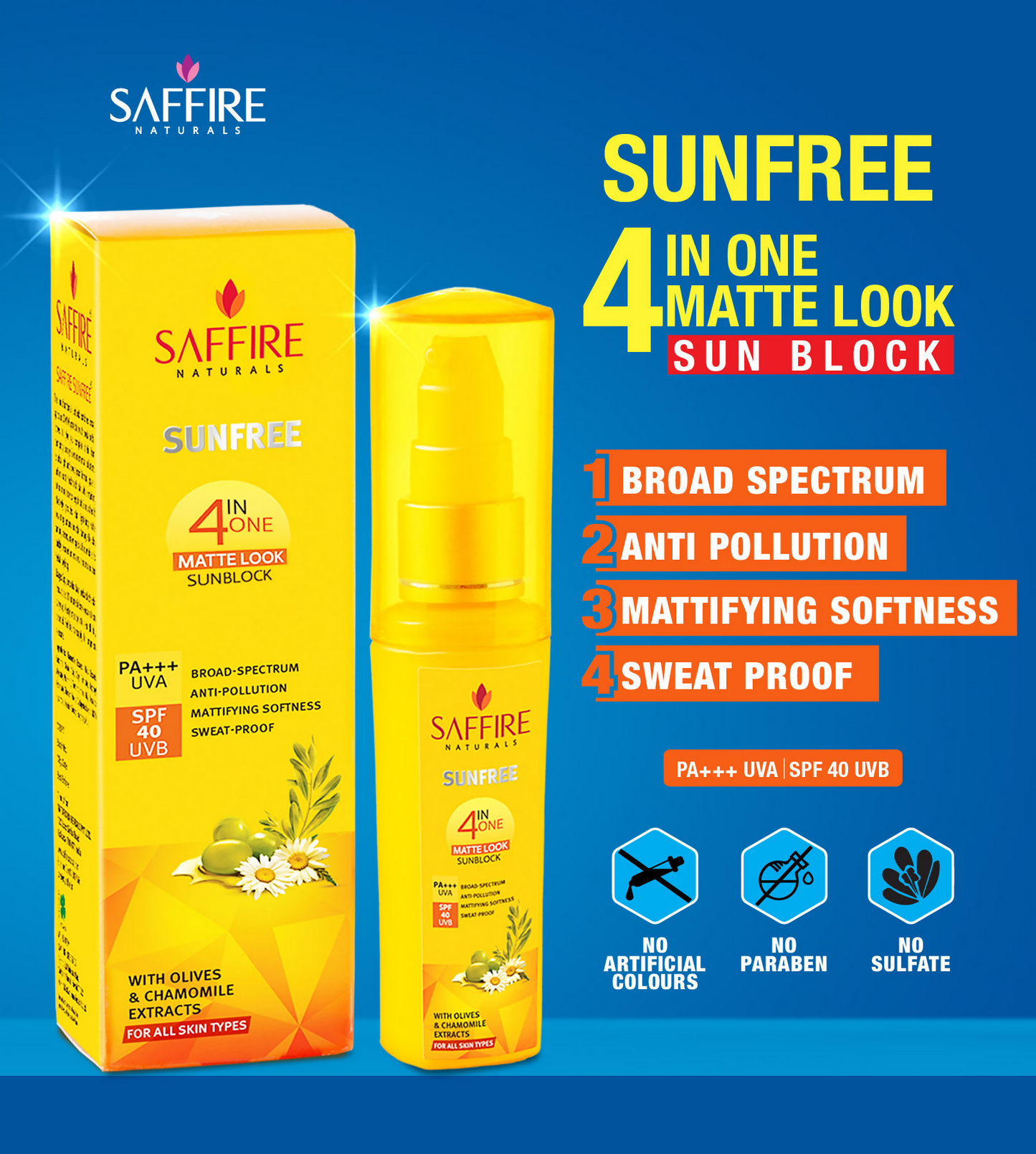 Saffire Naturals 4-In-One SunFree Matte Look SunBlock SPF 40