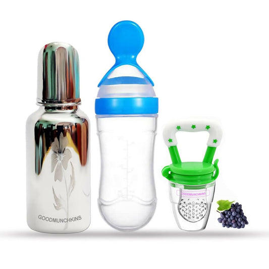 Buy Goodmunchkins Stainless Steel Feeding Bottle, Food Feeder & Fruit Feeder Combo for Baby-(Blue-Green, 220ml) from DrMediCart, Ship from India to USA