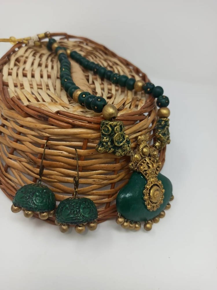 Terracotta Dark Green Crown Pendant Long Necklace Set Paired with Hanging Temple Jhumkas - Drmedicart