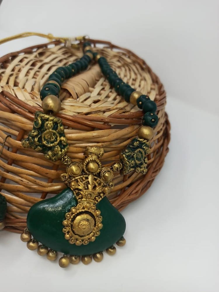 Terracotta Dark Green Crown Pendant Long Necklace Set Paired with Hanging Temple Jhumkas - Drmedicart