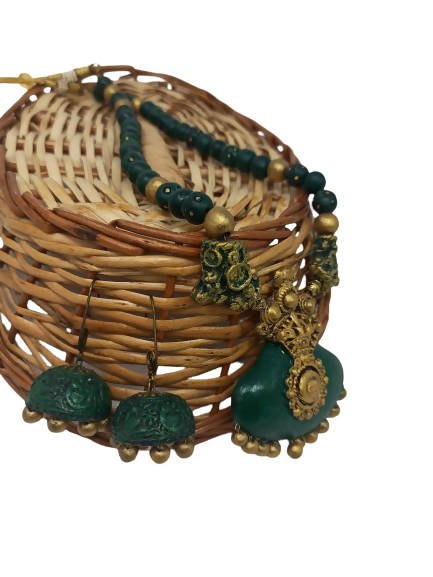 Terracotta Dark Green Crown Pendant Long Necklace Set Paired with Hanging Temple Jhumkas - Drmedicart