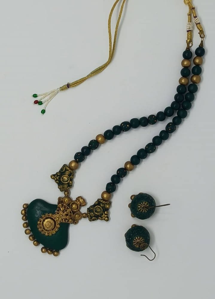 Terracotta Dark Green Crown Pendant Long Necklace Set Paired with Hanging Temple Jhumkas - Drmedicart