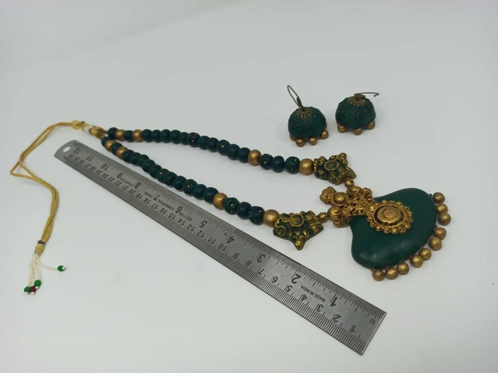 Terracotta Dark Green Crown Pendant Long Necklace Set Paired with Hanging Temple Jhumkas - Drmedicart