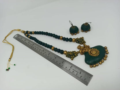 Terracotta Dark Green Crown Pendant Long Necklace Set Paired with Hanging Temple Jhumkas - Drmedicart
