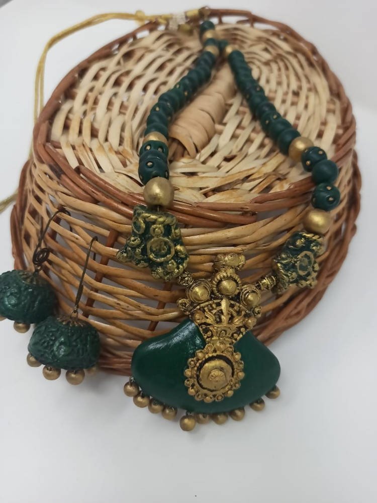 Terracotta Dark Green Crown Pendant Long Necklace Set Paired with Hanging Temple Jhumkas - Drmedicart