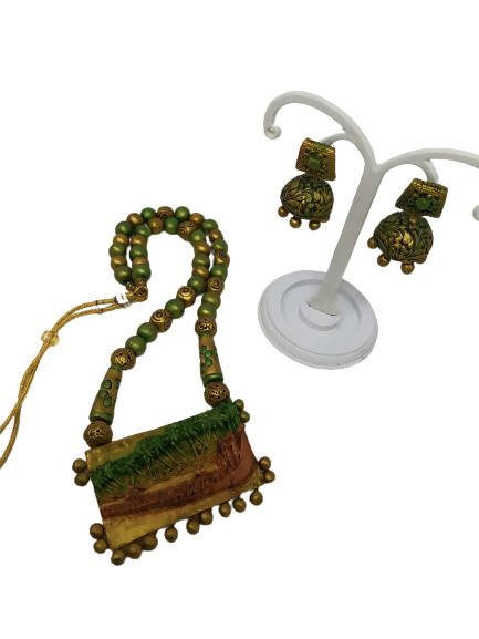 Terracotta Green and Gold Kerala Style Rowing Boat Pendant Long Necklace Set with Temple Earrings - Drmedicart