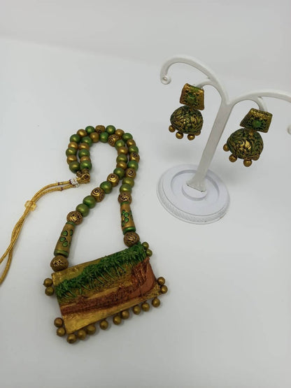 Terracotta Green and Gold Kerala Style Rowing Boat Pendant Long Necklace Set with Temple Earrings - Drmedicart