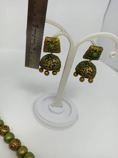 Terracotta Green and Gold Kerala Style Rowing Boat Pendant Long Necklace Set with Temple Earrings - Drmedicart