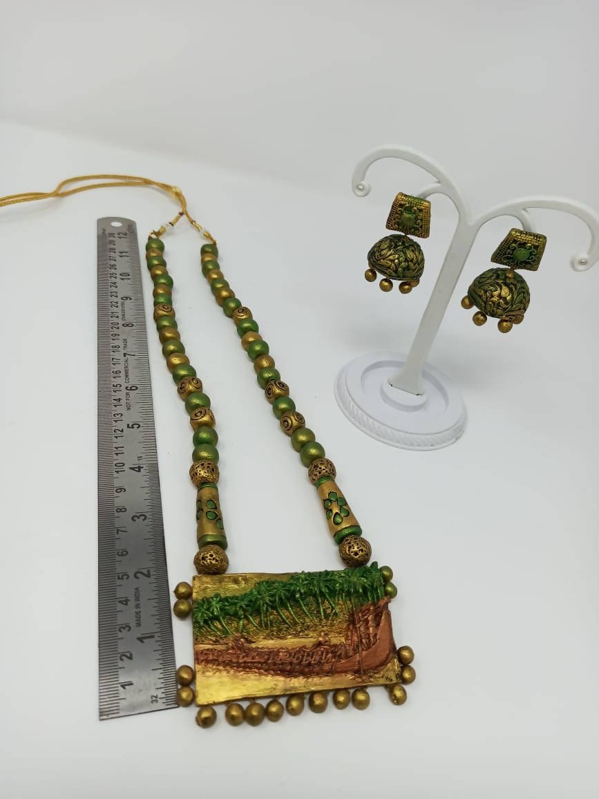 Terracotta Green and Gold Kerala Style Rowing Boat Pendant Long Necklace Set with Temple Earrings - Drmedicart