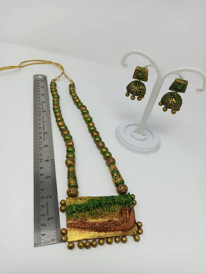 Terracotta Green and Gold Kerala Style Rowing Boat Pendant Long Necklace Set with Temple Earrings - Drmedicart