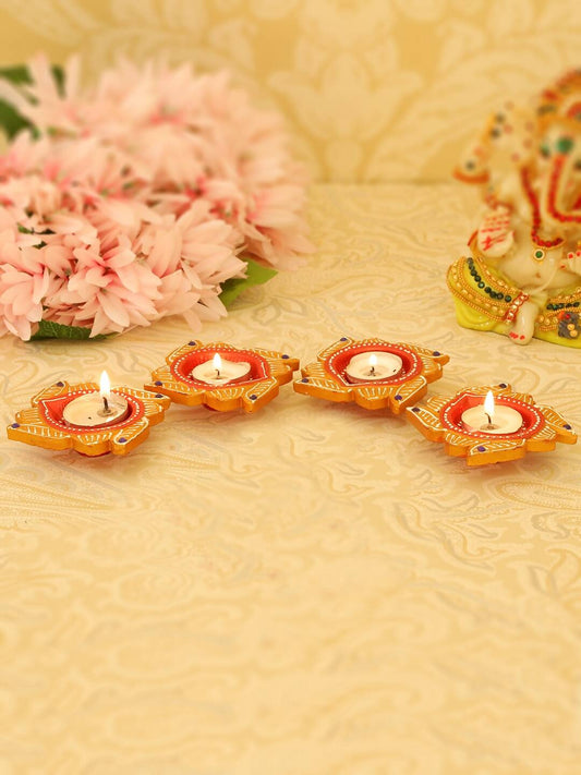 Tied Ribbons Set Of 4 Yellow & Red Printed Terracotta Diyas - Drmedicart