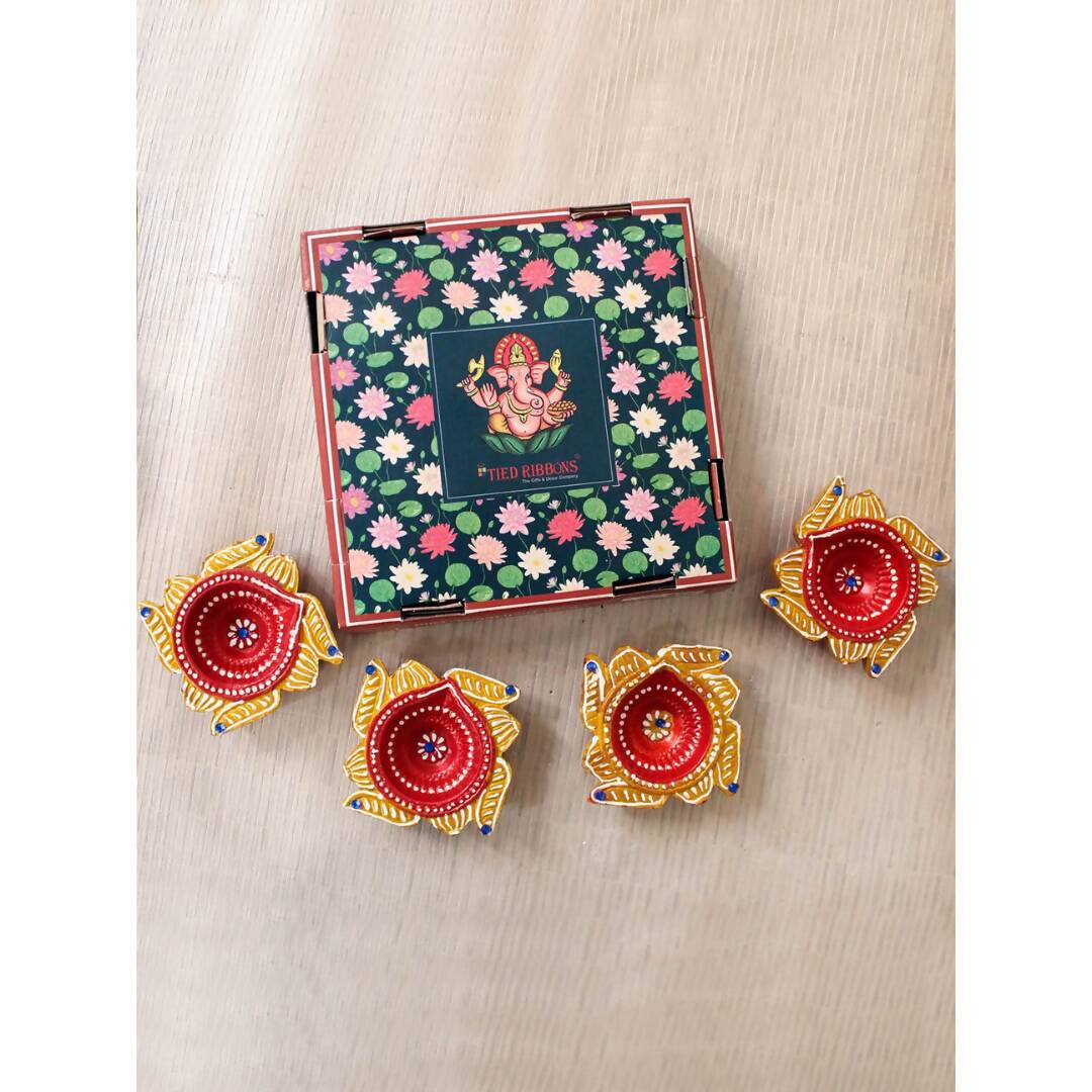 Tied Ribbons Set Of 4 Yellow & Red Printed Terracotta Diyas - Drmedicart