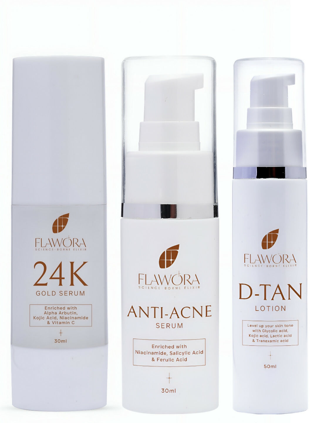Flawora D-Tan Lotion, Anti Acne Serum And Gold Face Serum Combo