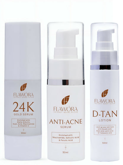 Flawora D-Tan Lotion, Anti Acne Serum And Gold Face Serum Combo