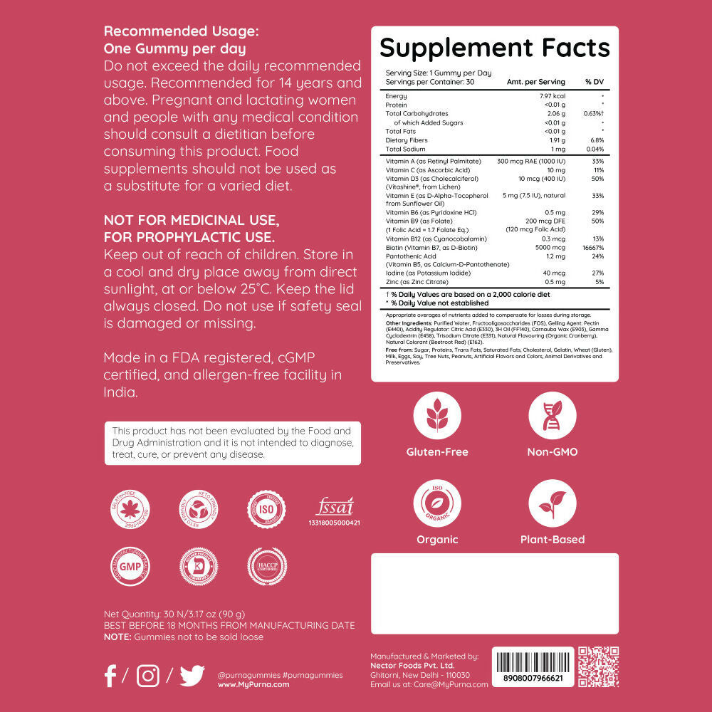 Purna Gummies Hair Biotin Cranberry Sugar Free Gummies with Vitamin B12 for Hair & Nail